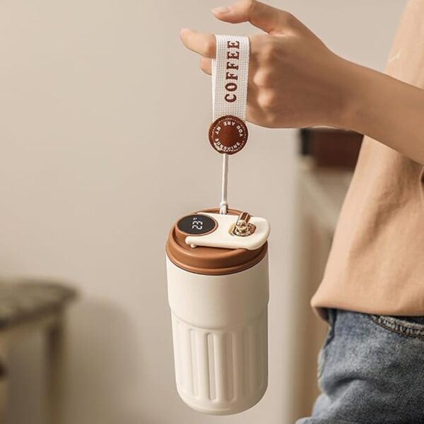 Coffee Mug Cup Digital Display, Thermos Flasks, 460 ml, Stainless Steel Travel Mug, Insulated Vacuum Thermal Mug, Leak-Proof Travel Mug with Lid for Coffee (White Brown) - Image 2