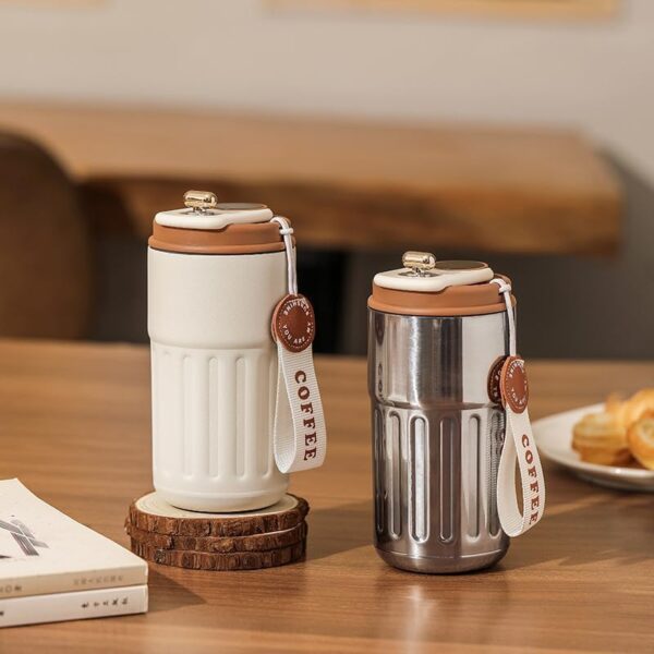 Coffee Mug Cup Digital Display, Thermos Flasks, 460 ml, Stainless Steel Travel Mug, Insulated Vacuum Thermal Mug, Leak-Proof Travel Mug with Lid for Coffee (White Brown) - Image 5