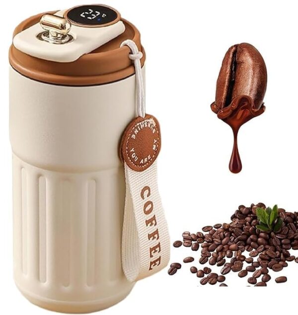 Coffee Mug Cup Digital Display, Thermos Flasks, 460 ml, Stainless Steel Travel Mug, Insulated Vacuum Thermal Mug, Leak-Proof Travel Mug with Lid for Coffee (White Brown) - Image 10