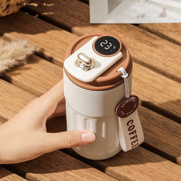 Coffee Mug Cup Digital Display, Thermos Flasks, 460 ml, Stainless Steel Travel Mug, Insulated Vacuum Thermal Mug, Leak-Proof Travel Mug with Lid for Coffee (White Brown) - Image 4