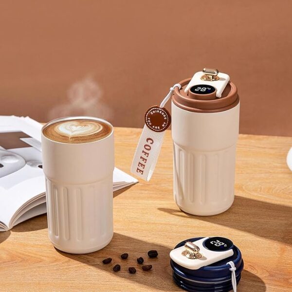 Coffee Mug Cup Digital Display, Thermos Flasks, 460 ml, Stainless Steel Travel Mug, Insulated Vacuum Thermal Mug, Leak-Proof Travel Mug with Lid for Coffee (White Brown) - Image 9